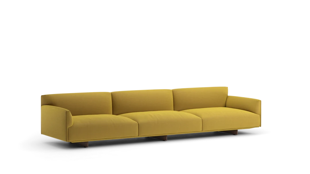 110 4seater in fabric with low armrests, upholstered metal base with legs