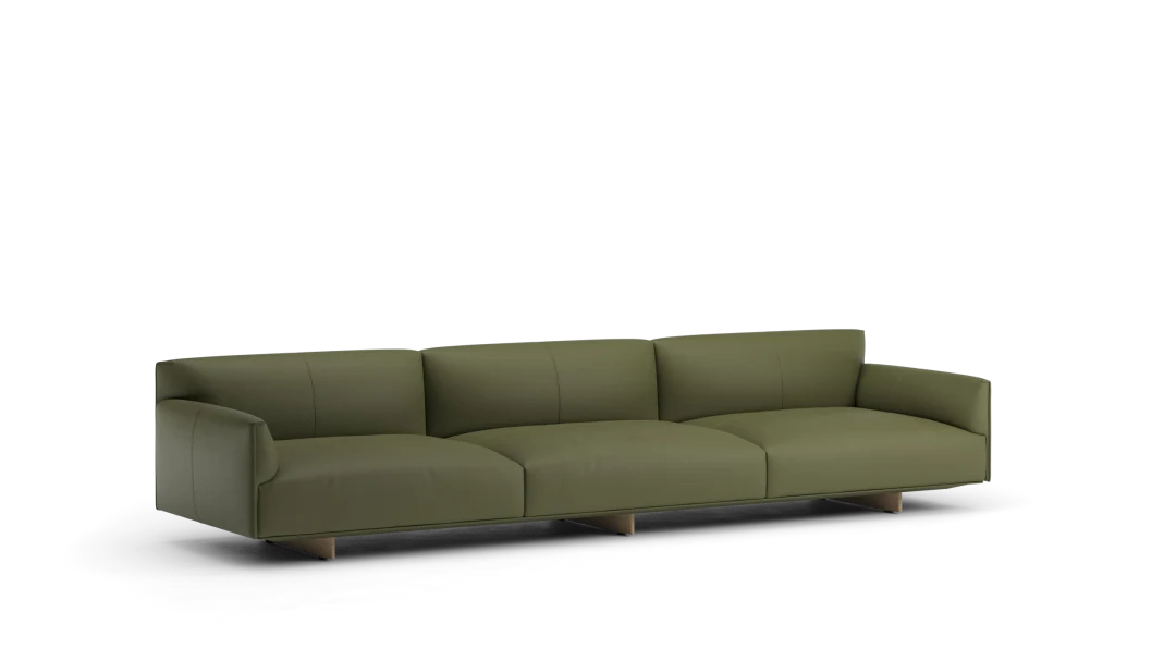 110 4seater in leather with low armrests, upholstered metal base with legs