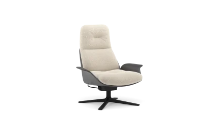 Easy chair with armrest and high backrest upholstered in leather/fabric, swivel base+reclining mechanism