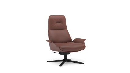 Easy chair with armrest and high backrest upholstered in leather, swivel base+reclining mechanism