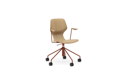 Low adjustable height chair with swivel base and armrest, 5 castors